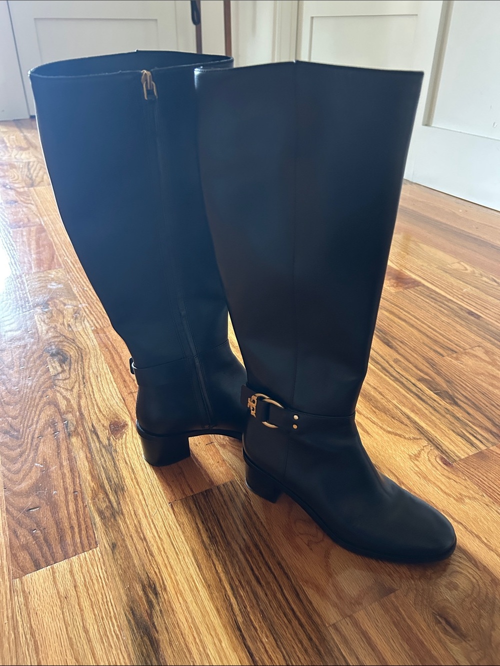 Tory Burch Madden Black Leather Knee-High Buckle Riding Boots